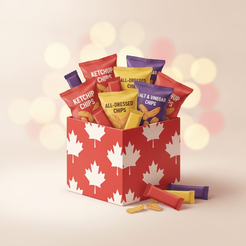 Illustration of Canadian Snack Box (ketchup chips & friends)