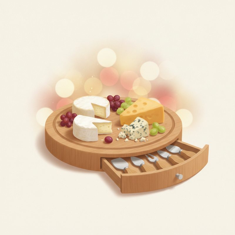 Illustration of Bamboo Cheese Board with Serving Tools
