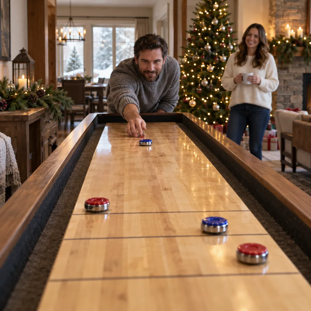 Representative photo-style image of table shuffleboard — generated, not a specific product