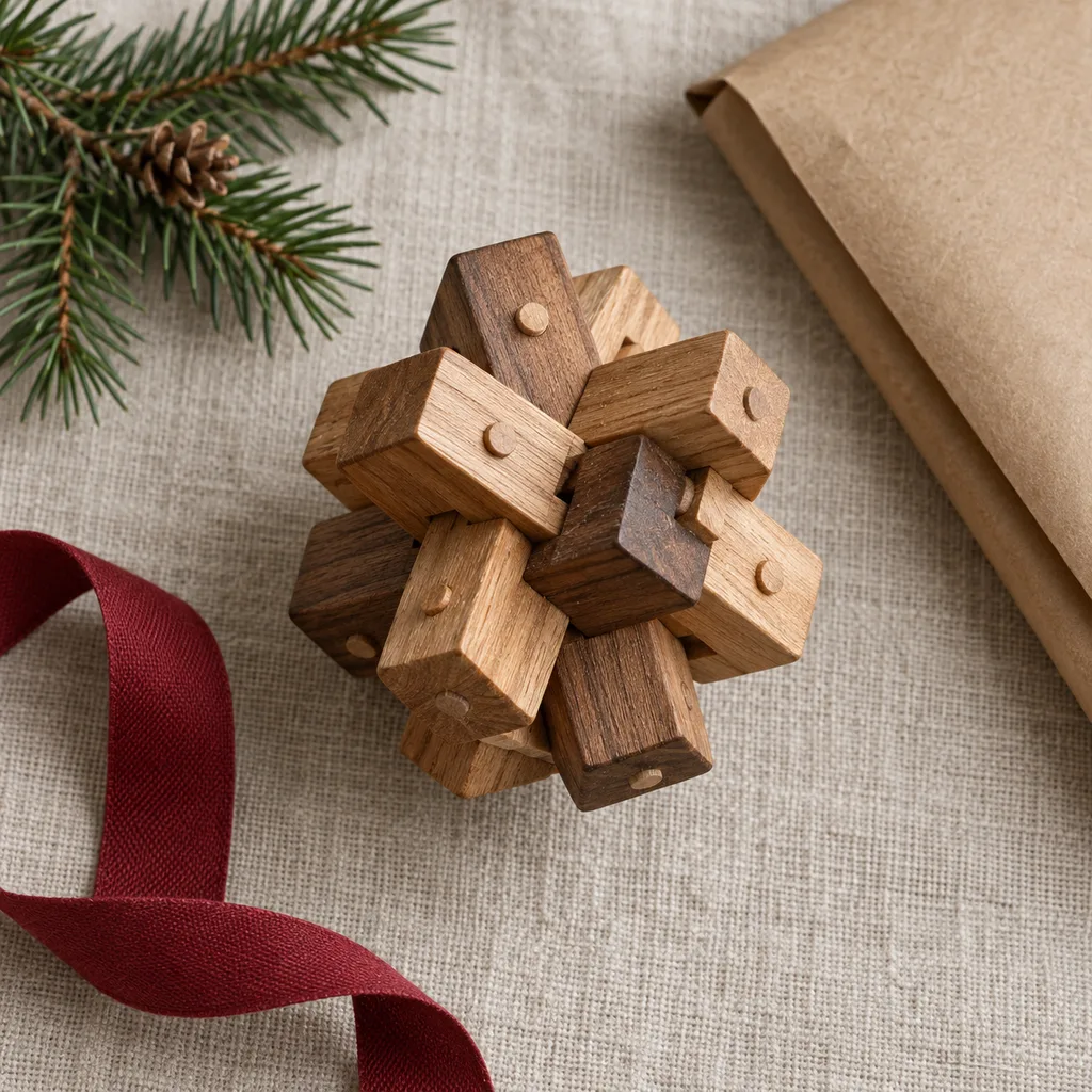 Representative photo-style image of 3d interlocking wooden puzzle — generated, not a specific product