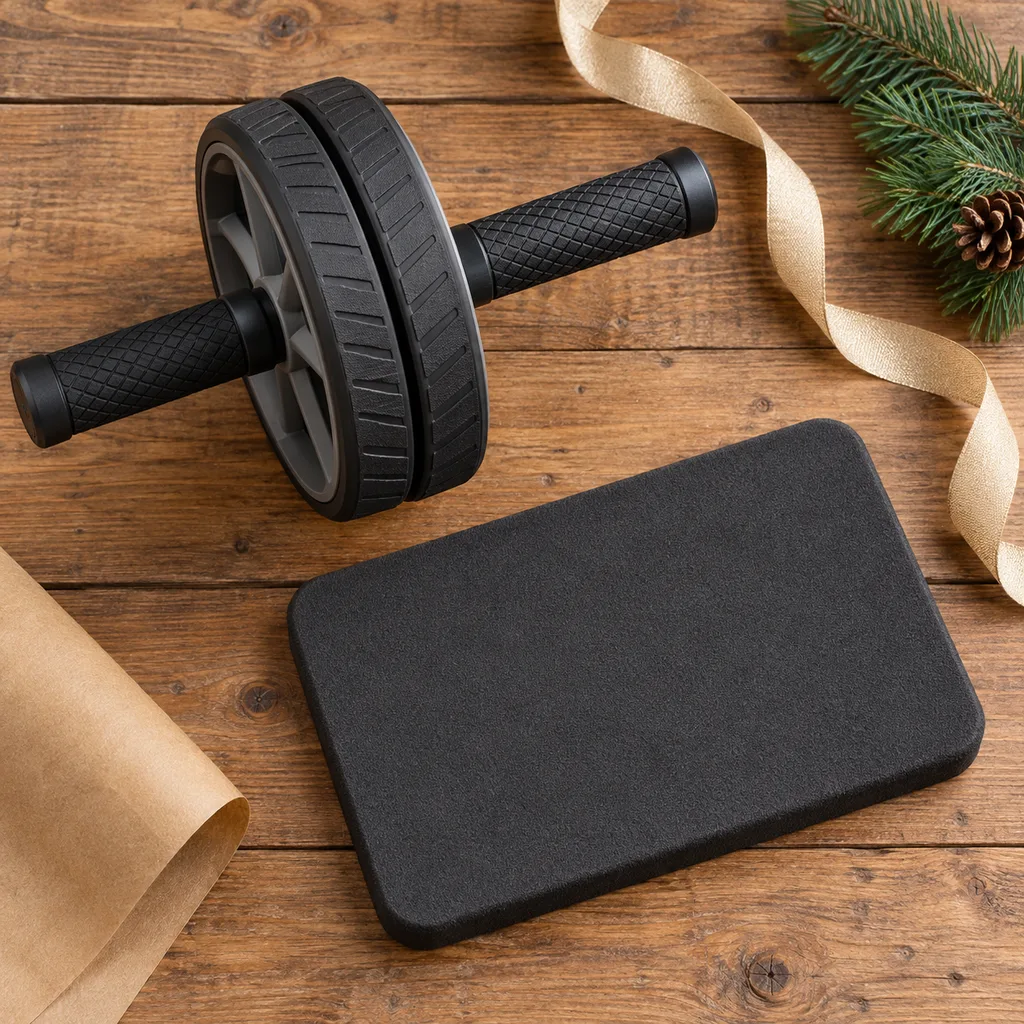 Representative photo-style image of ab wheel and knee pad combo — generated, not a specific product