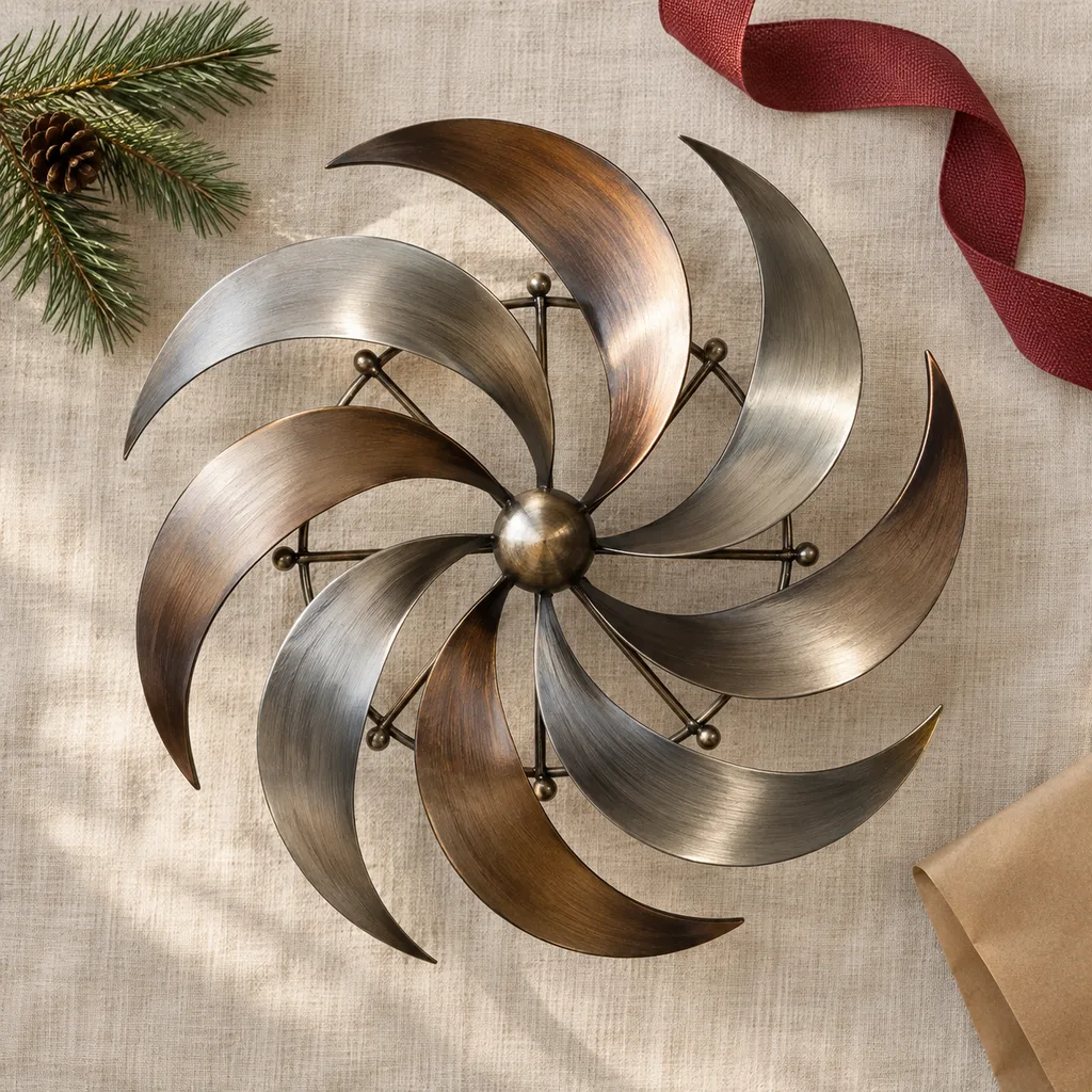 Representative photo-style image of abstract metal wind sculpture — generated, not a specific product