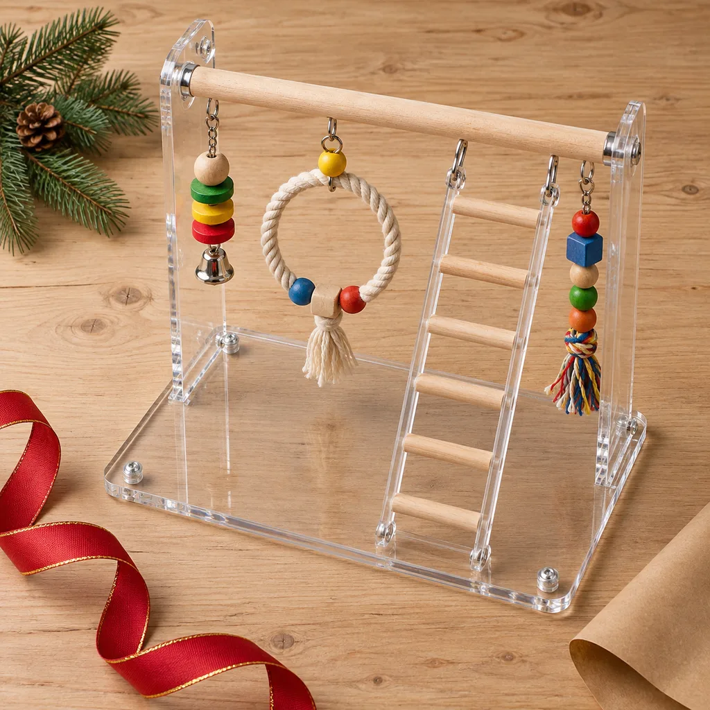 Representative photo-style image of acrylic bird playstand with toys — generated, not a specific product