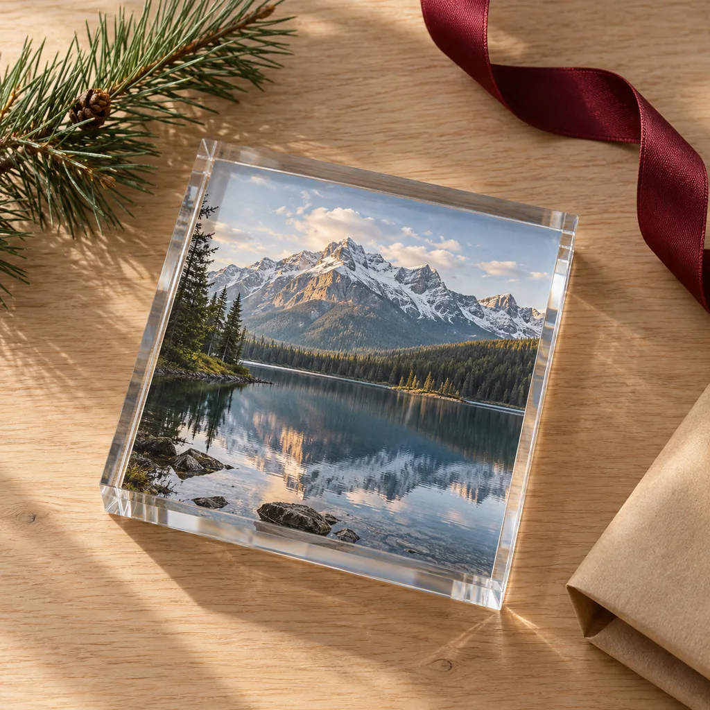 Representative photo-style image of acrylic block photo display — generated, not a specific product