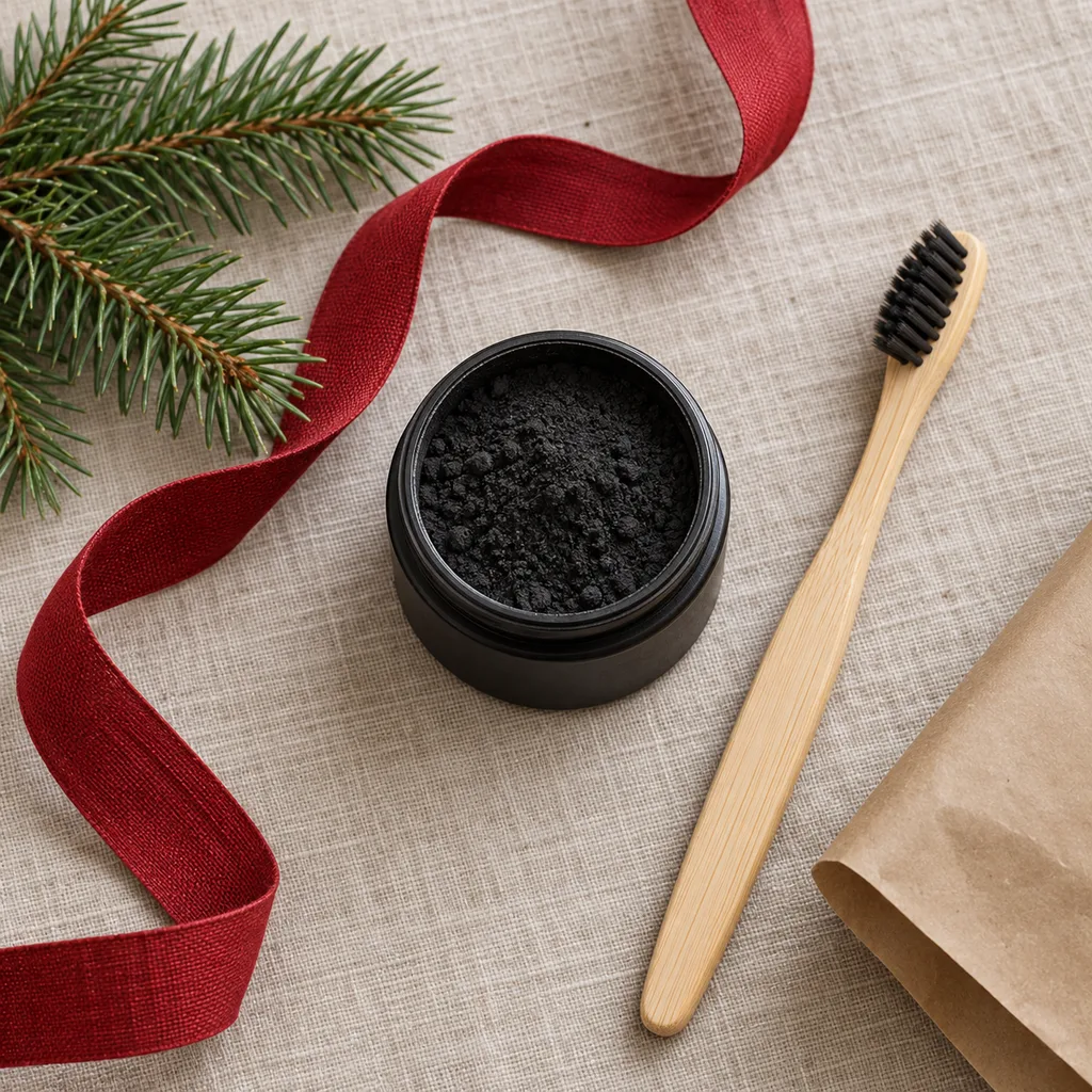Representative photo-style image of activated charcoal whitening powder — generated, not a specific product