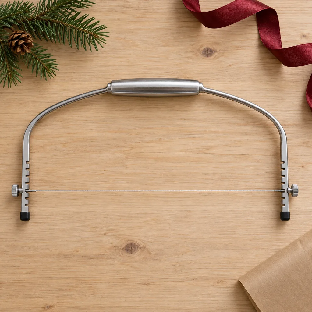 Representative photo-style image of adjustable cake leveler and slicer — generated, not a specific product