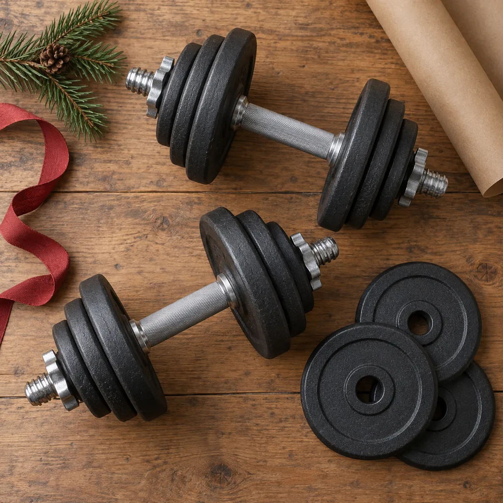Representative photo-style image of adjustable dumbbell weight set — generated, not a specific product