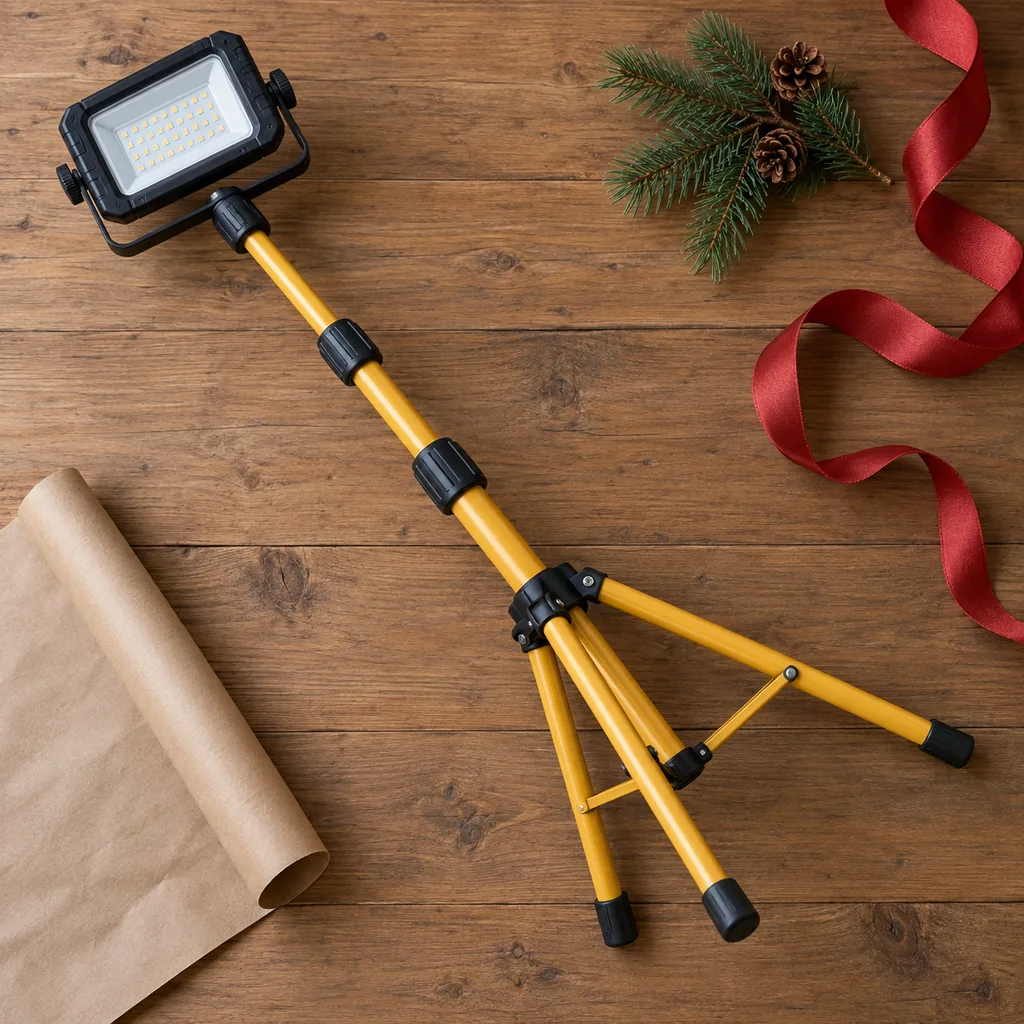 Representative photo-style image of adjustable height tripod work light — generated, not a specific product