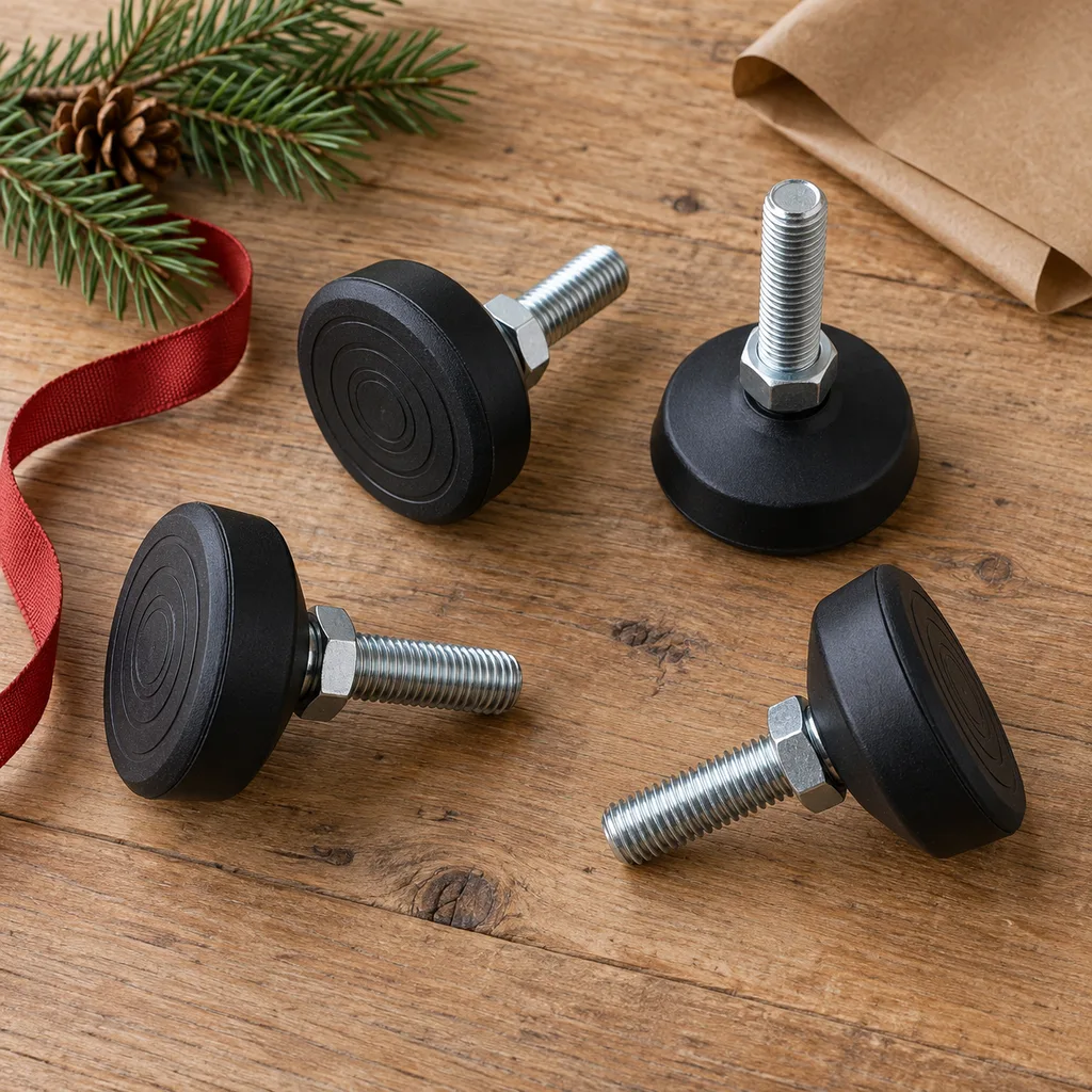 Representative photo-style image of adjustable shuffleboard leg levelers — generated, not a specific product