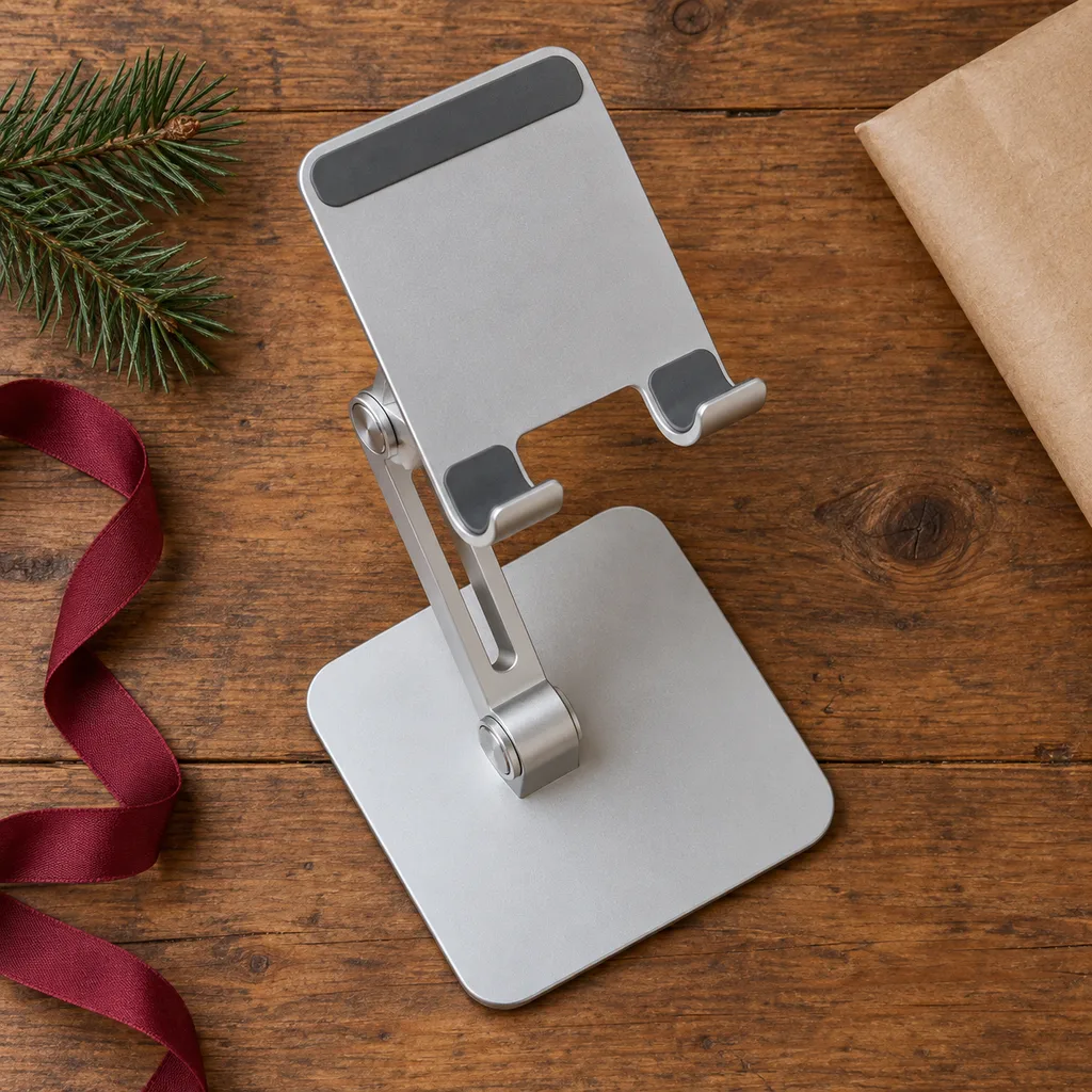 Representative photo-style image of adjustable tablet display stand — generated, not a specific product