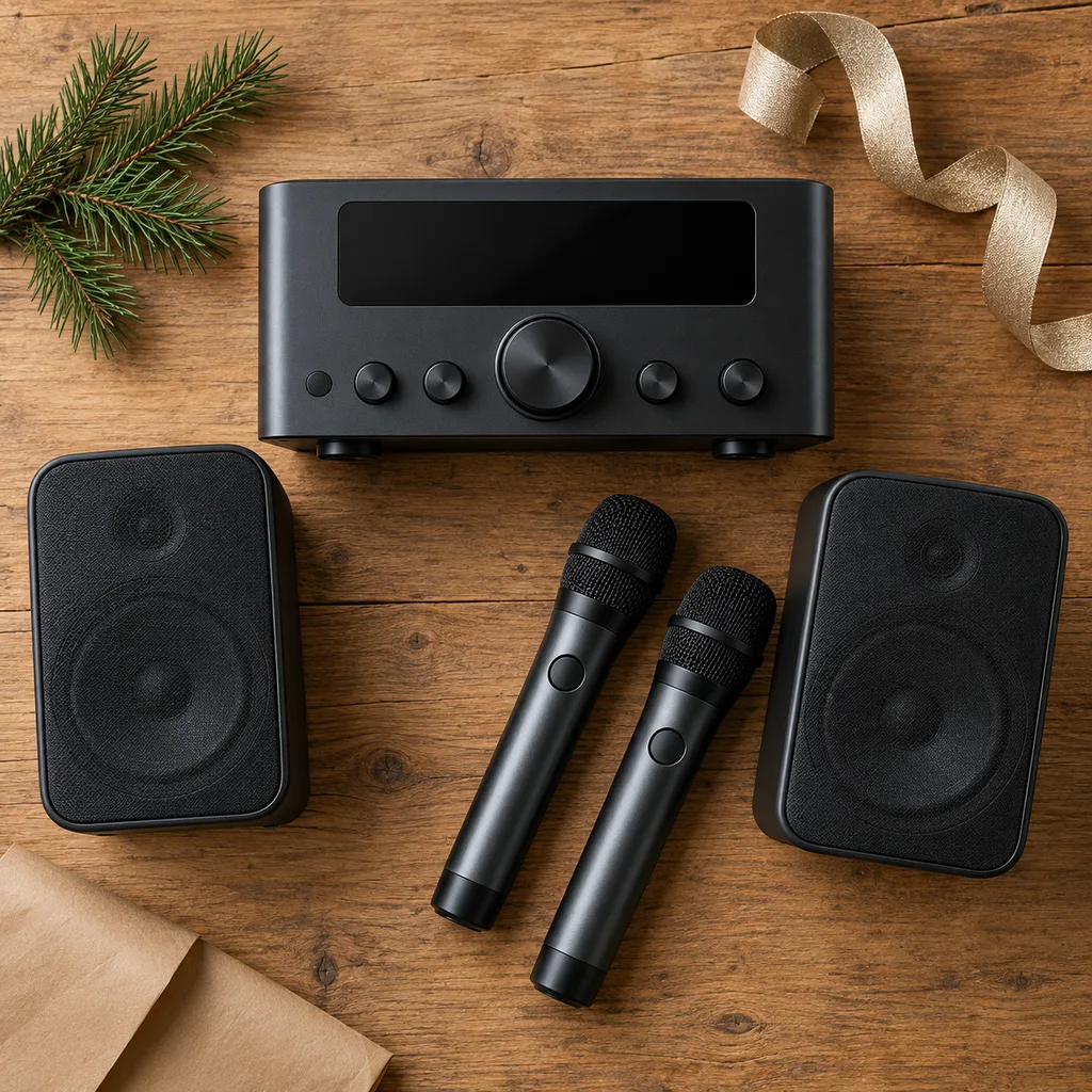 Representative photo-style image of advanced home karaoke entertainment system — generated, not a specific product