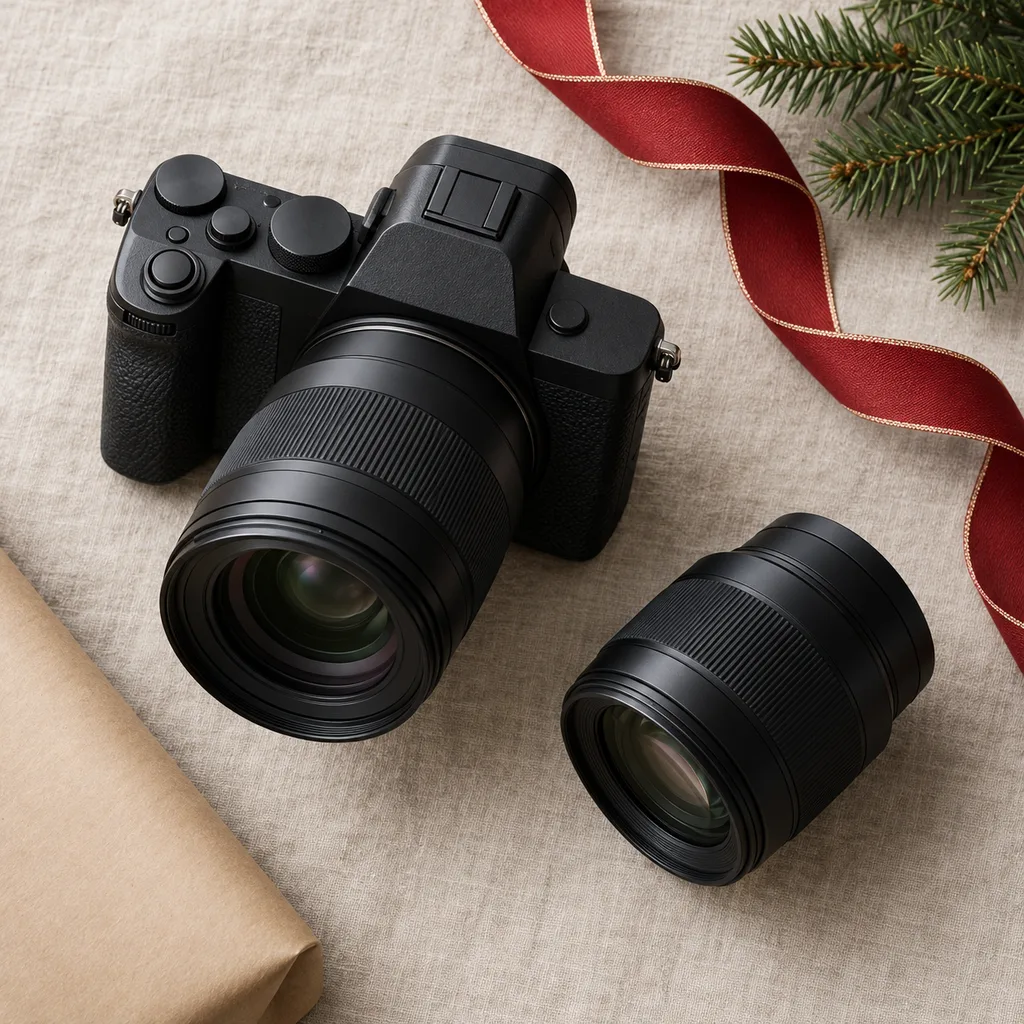 Representative photo-style image of advanced mirrorless digital camera system — generated, not a specific product