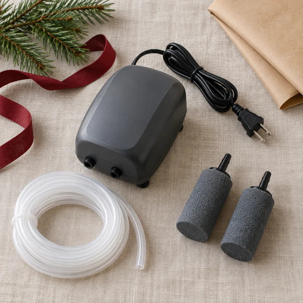 Representative photo-style image of aeration pump and air stone set — generated, not a specific product