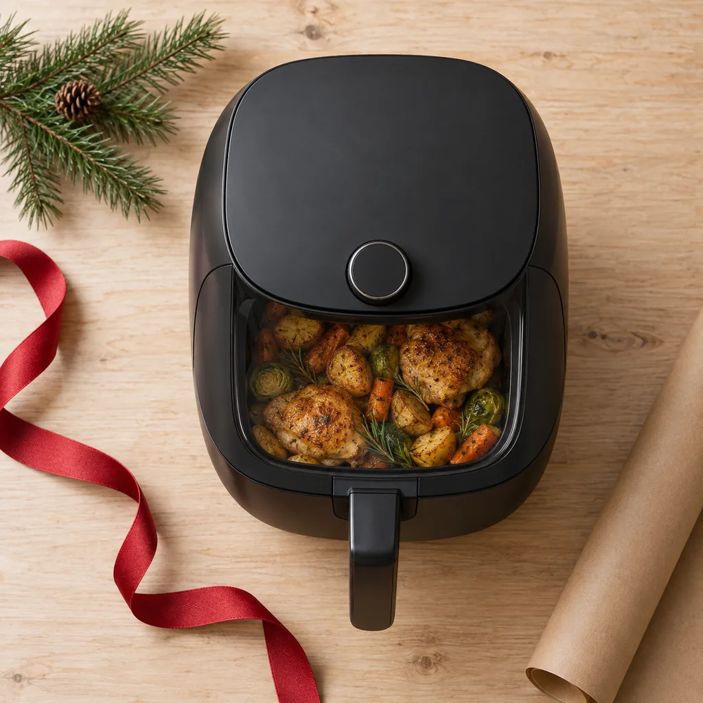Representative photo-style image of air fryer with viewing window — generated, not a specific product