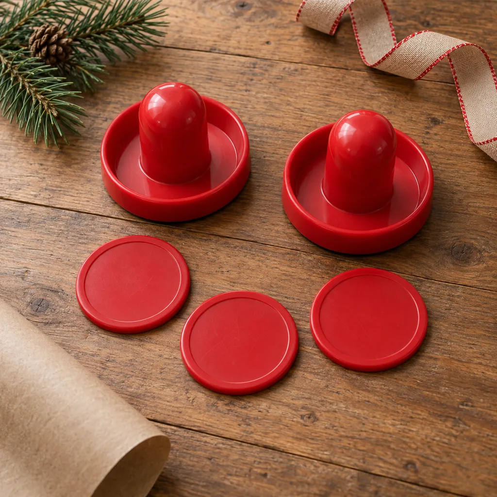 Representative photo-style image of air hockey pucks and pushers set — generated, not a specific product
