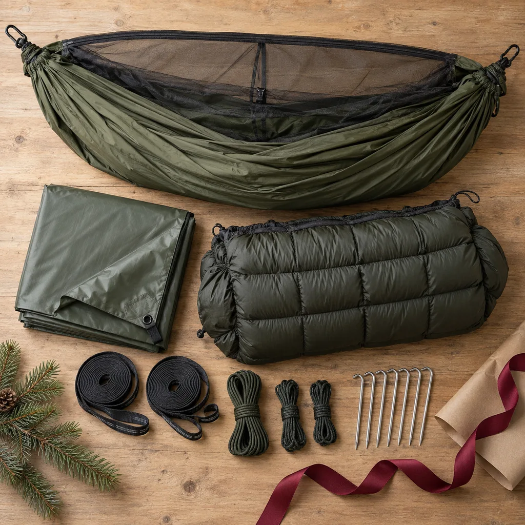 Representative photo-style image of all-season hammock shelter system — generated, not a specific product