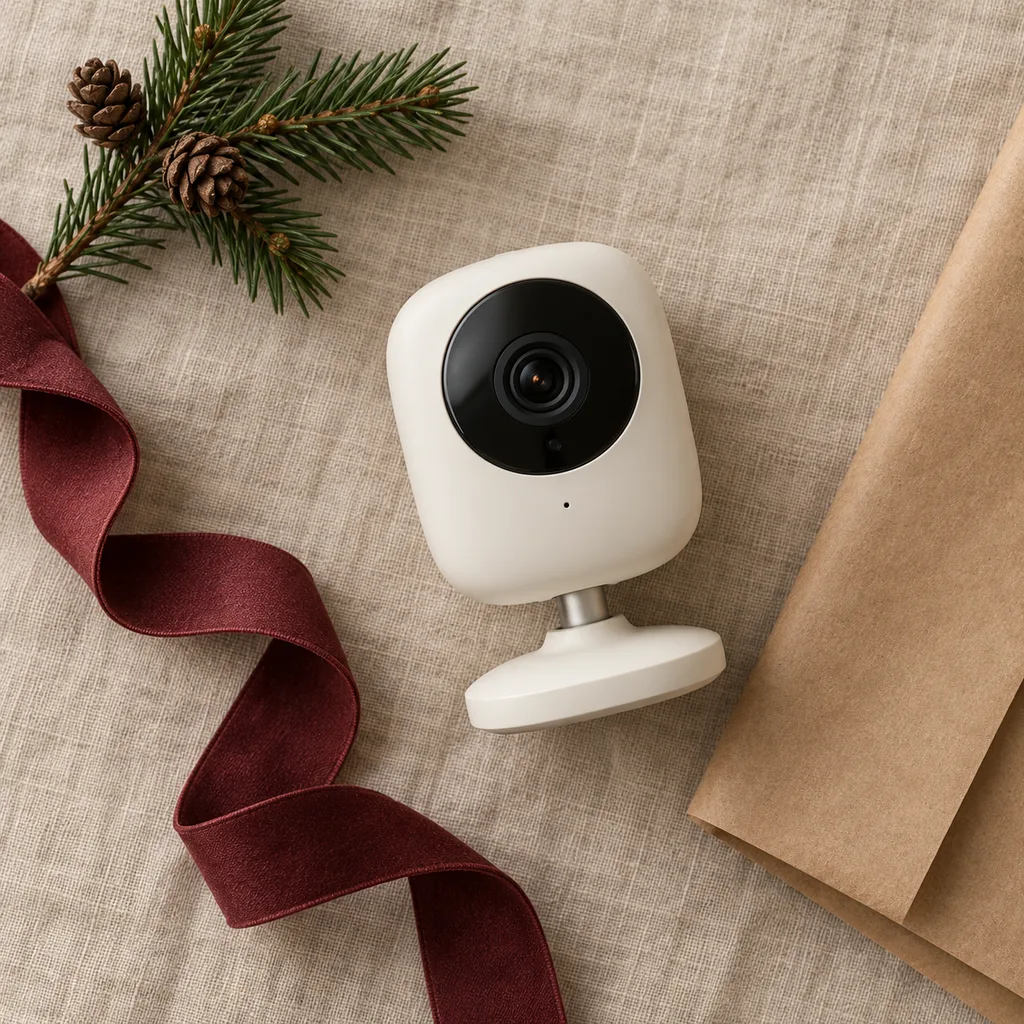 Representative photo-style image of app-controlled smart baby camera — generated, not a specific product