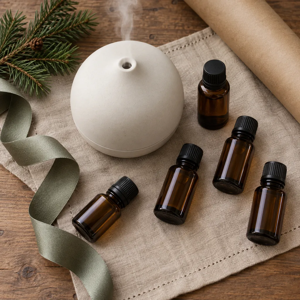 Representative photo-style image of aromatherapy diffuser and oil collection — generated, not a specific product