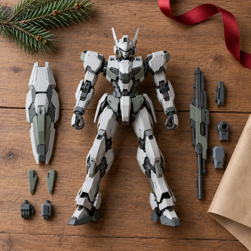 Representative photo-style image of articulated mecha robot model kit — generated, not a specific product