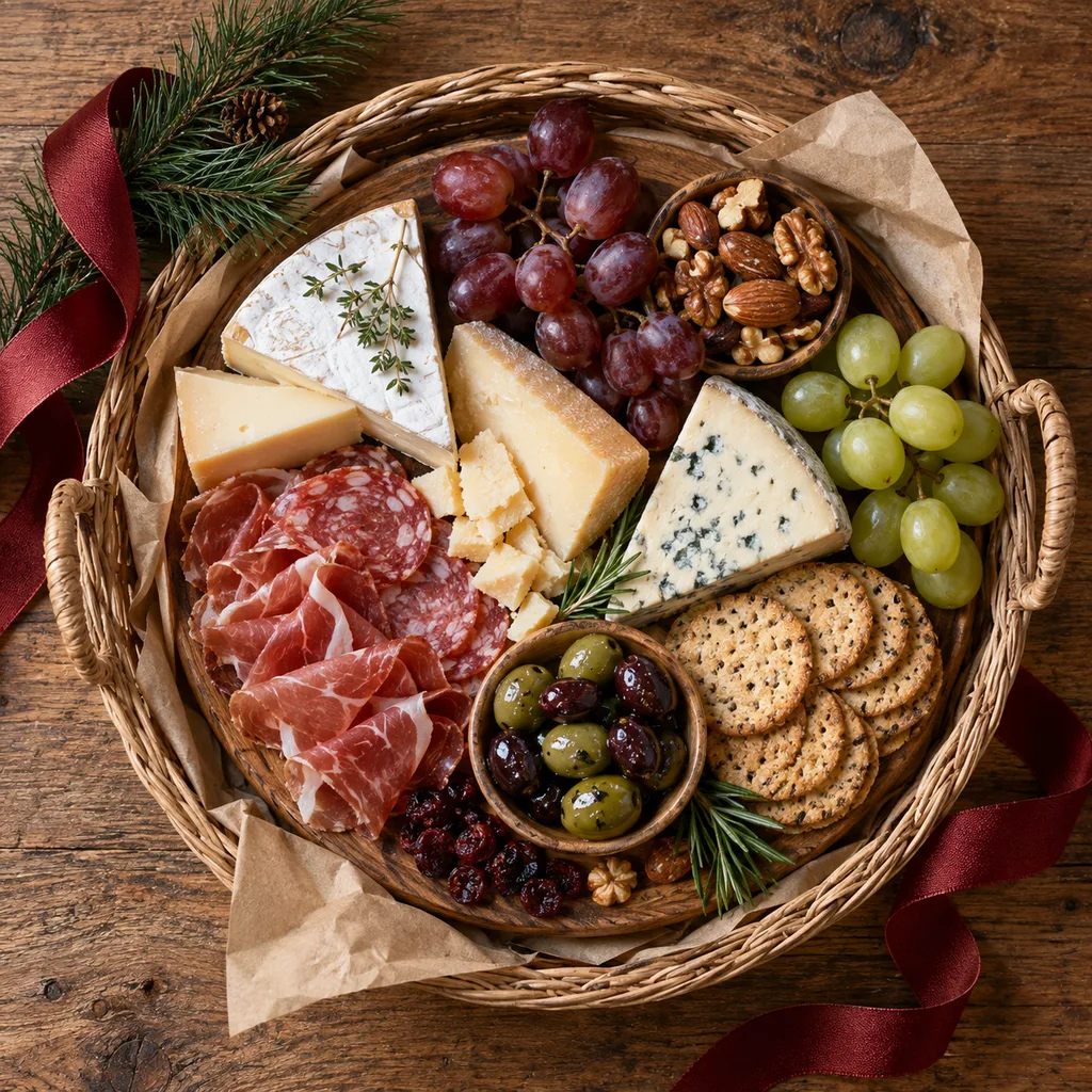 Representative photo-style image of artisan cheese and charcuterie board basket — generated, not a specific product