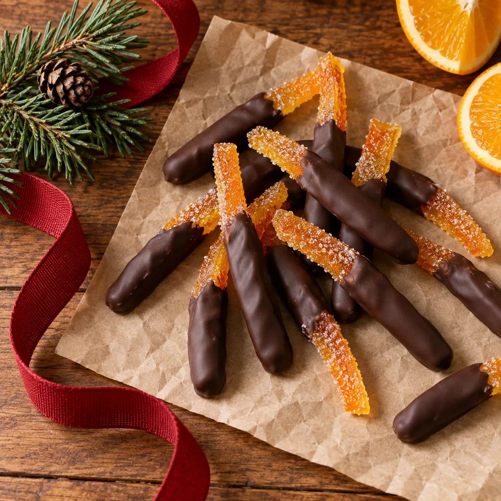 Representative photo-style image of artisan dark chocolate dipped orange peels — generated, not a specific product