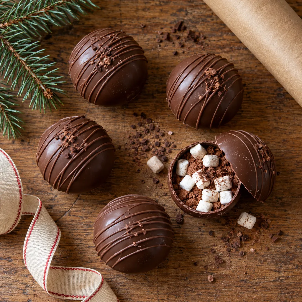 Representative photo-style image of artisan hot chocolate melting spheres — generated, not a specific product