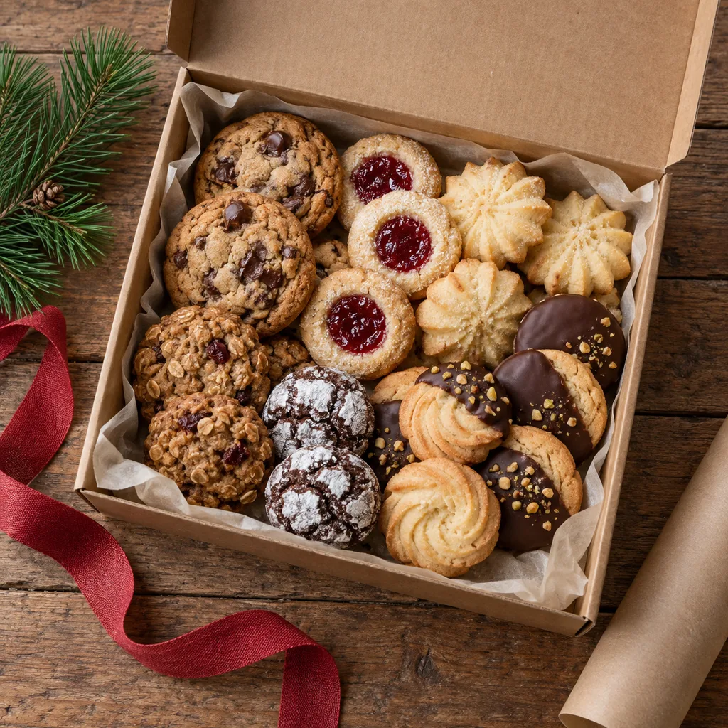 Representative photo-style image of artisanal cookie assortment box — generated, not a specific product