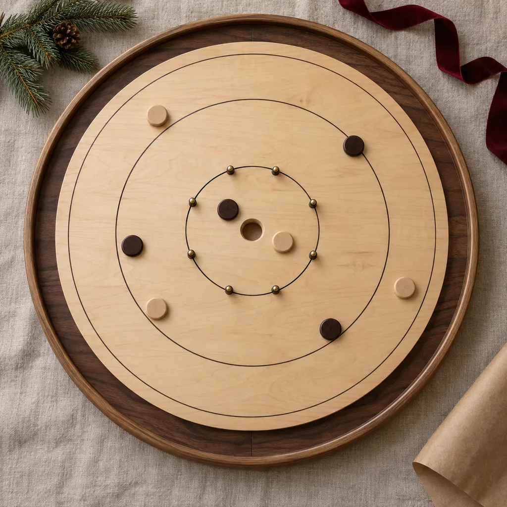 Representative photo-style image of artisanal handcrafted crokinole board — generated, not a specific product
