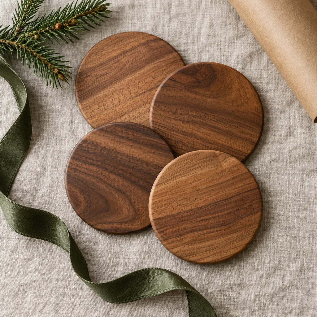 Representative photo-style image of wooden coasters — generated, not a specific product