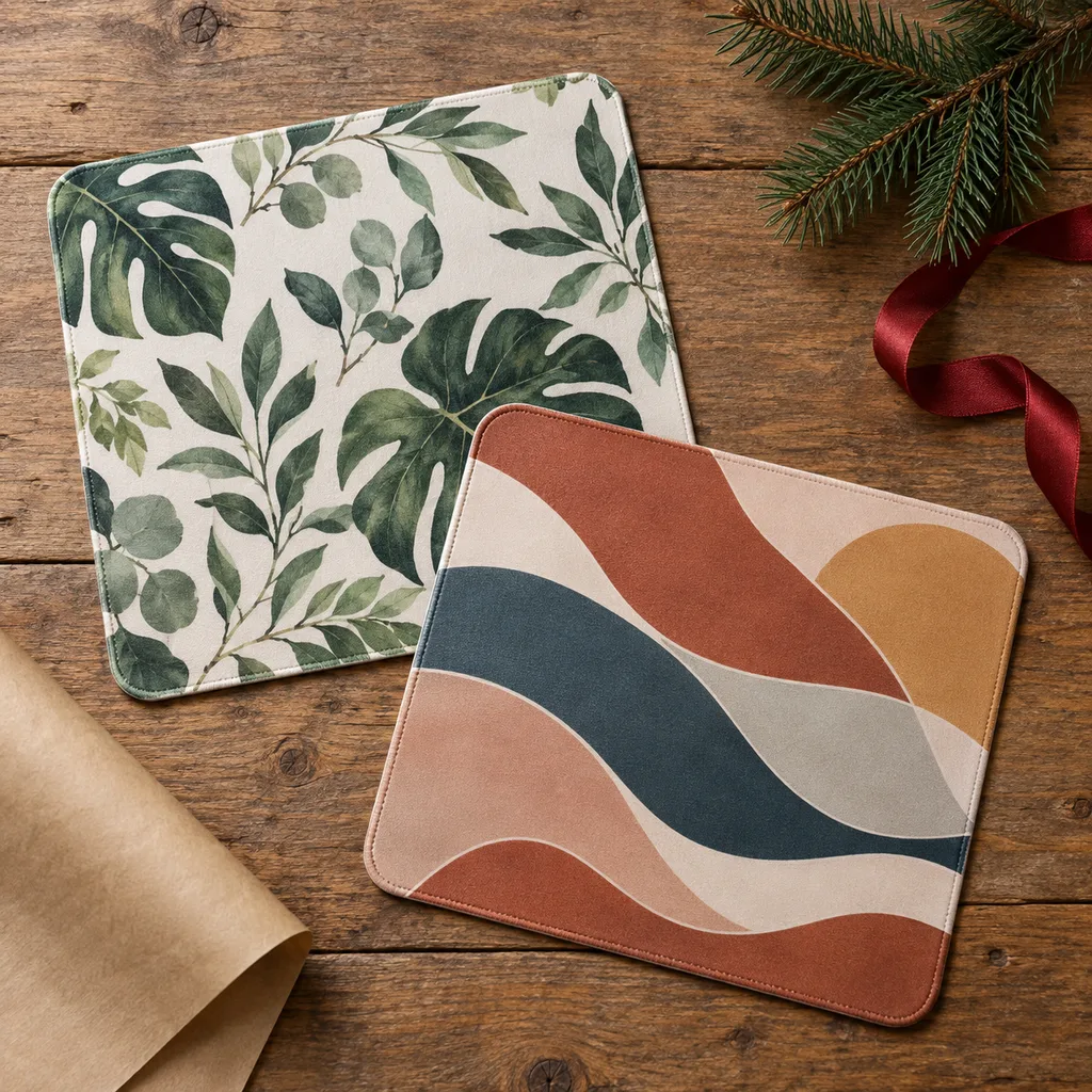 Representative photo-style image of mouse pads with designs — generated, not a specific product