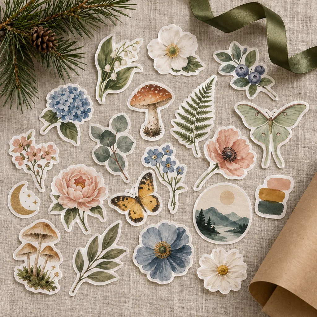 Representative photo-style image of artistic sticker assortment — generated, not a specific product