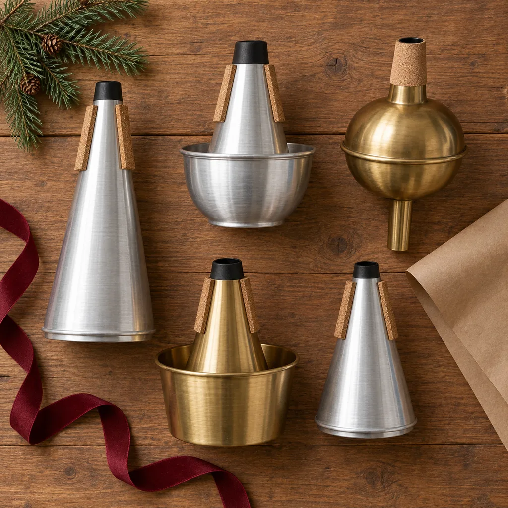 Representative photo-style image of assorted brass mute set — generated, not a specific product