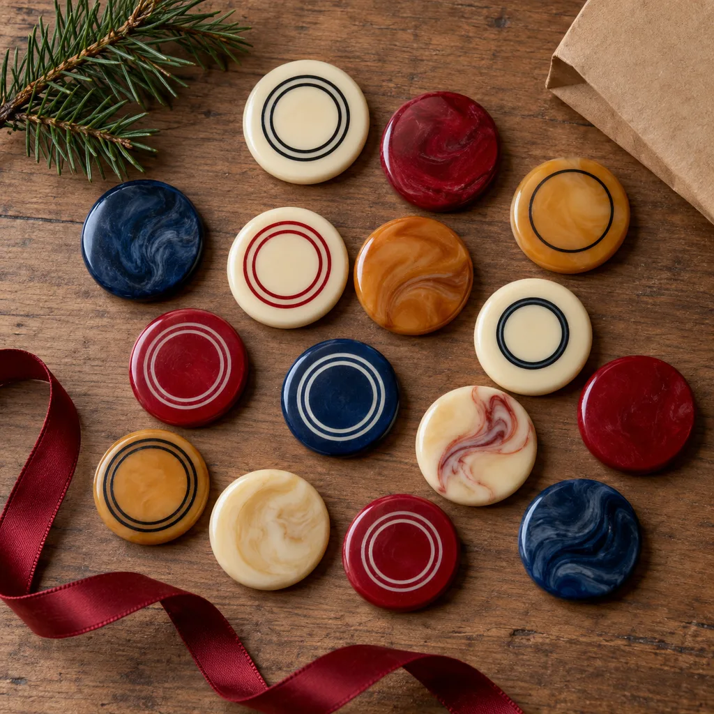Representative photo-style image of assorted carrom striker collection — generated, not a specific product