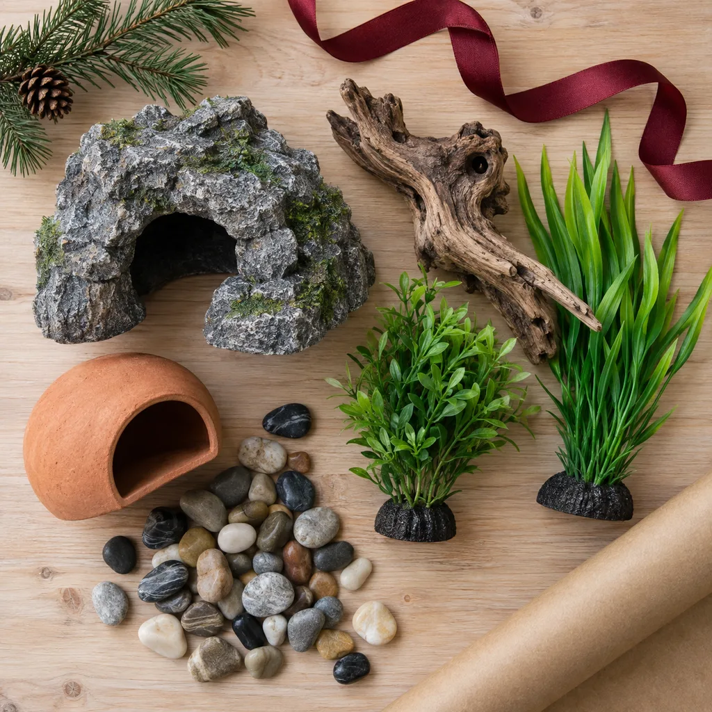 Representative photo-style image of assorted fish tank decorations — generated, not a specific product