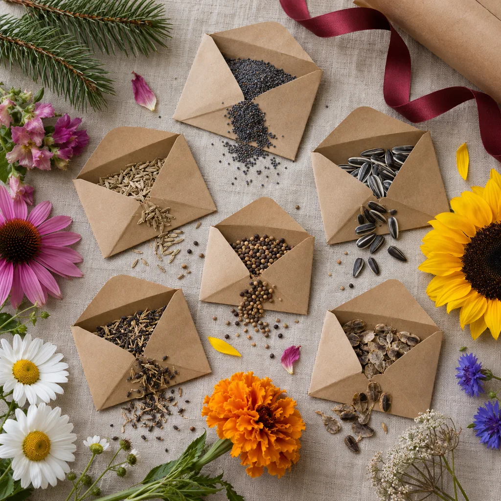 Representative photo-style image of assorted flower seed collection — generated, not a specific product