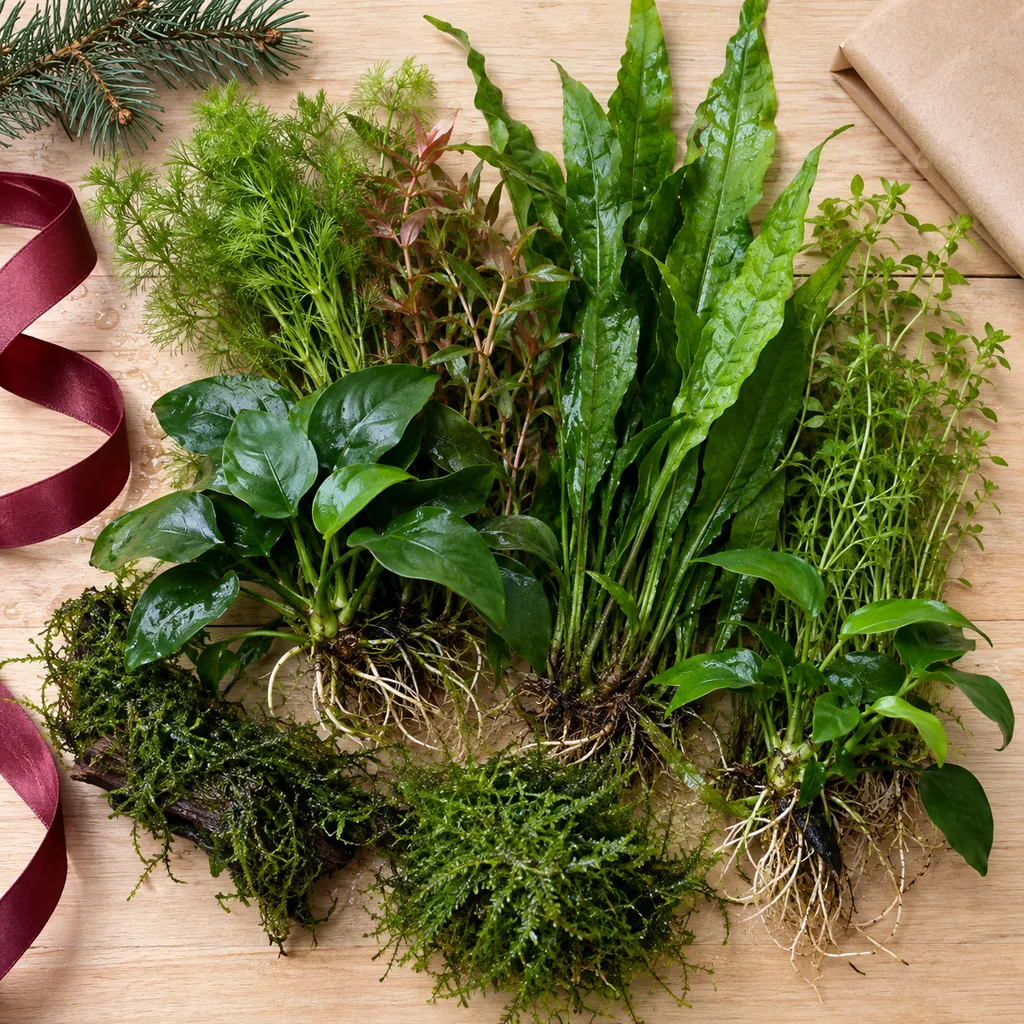 Representative photo-style image of assorted live aquarium plants — generated, not a specific product