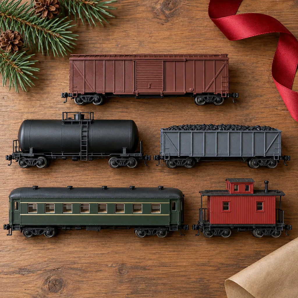 Representative photo-style image of assorted model train car pack — generated, not a specific product
