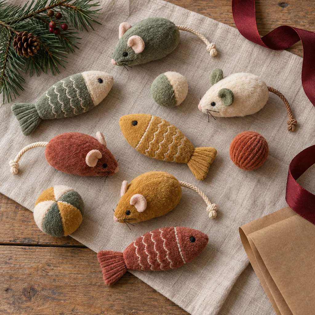 Representative photo-style image of assorted plush catnip toy collection — generated, not a specific product