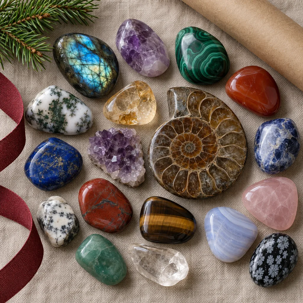 Representative photo-style image of assorted polished gemstones collection — generated, not a specific product