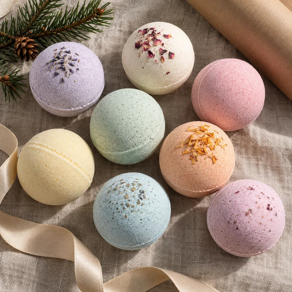 Representative photo-style image of assorted scent bath bomb collection — generated, not a specific product
