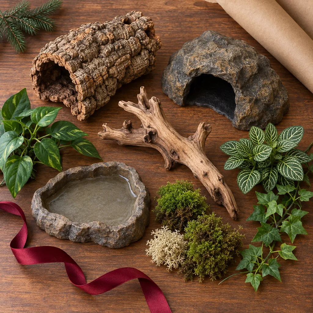 Representative photo-style image of assorted terrarium decor kit — generated, not a specific product