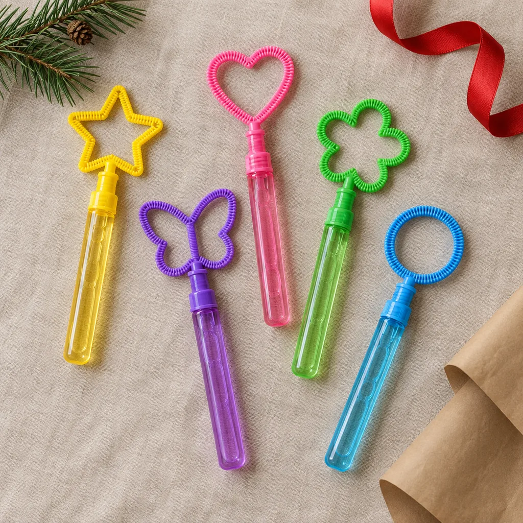 Representative photo-style image of assorted themed bubble wand collection — generated, not a specific product