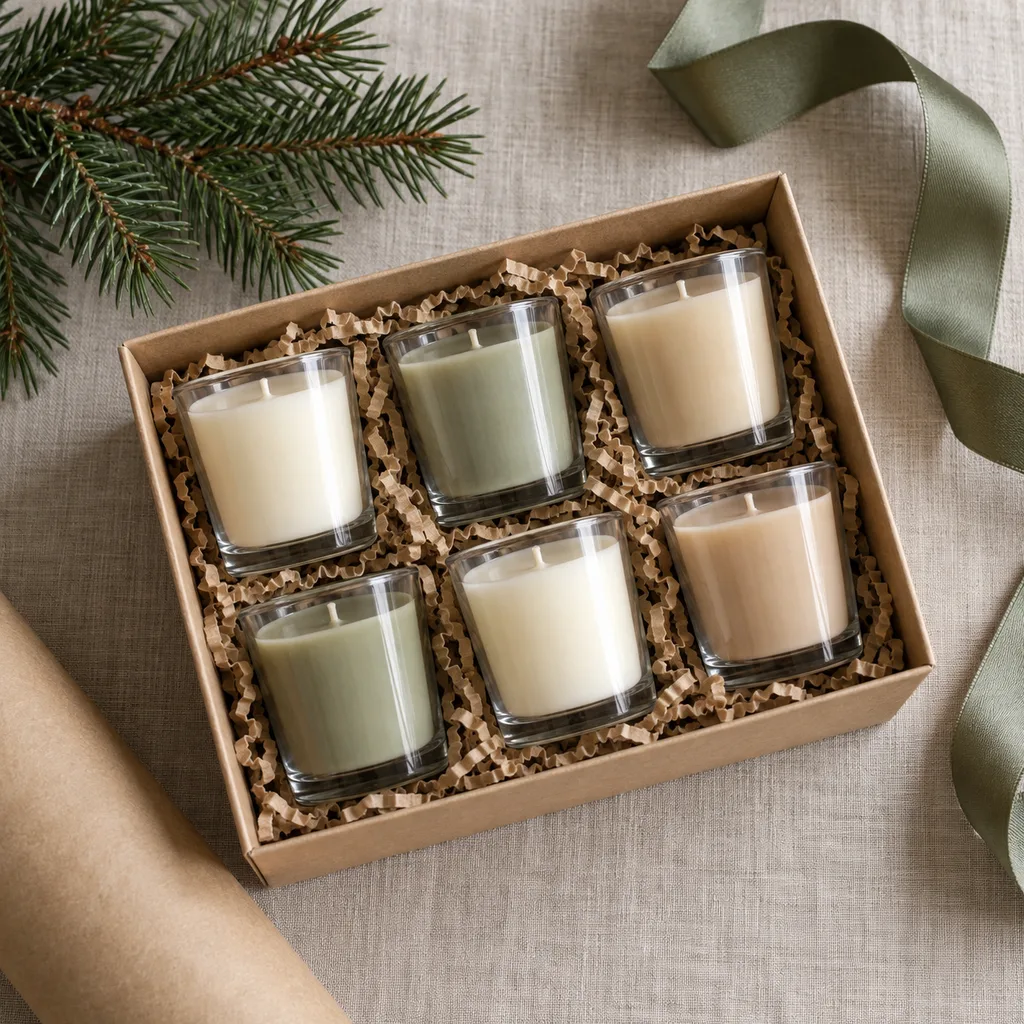 Representative photo-style image of assorted votive candle gift set — generated, not a specific product