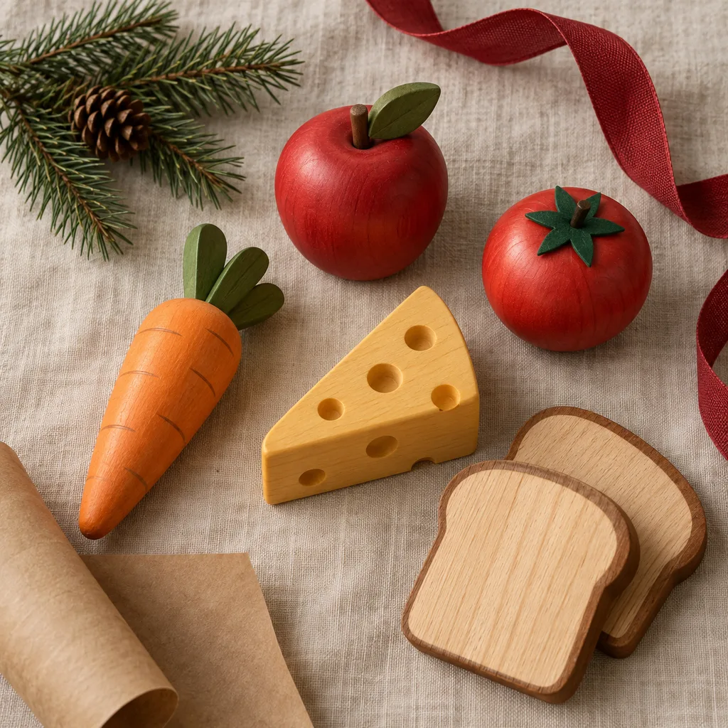 Representative photo-style image of wooden play food — generated, not a specific product