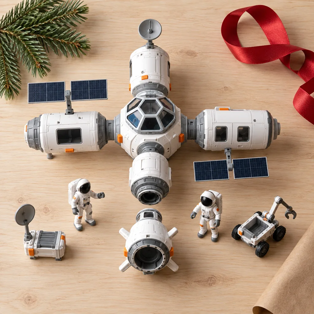 Representative photo-style image of astronaut space station playset — generated, not a specific product