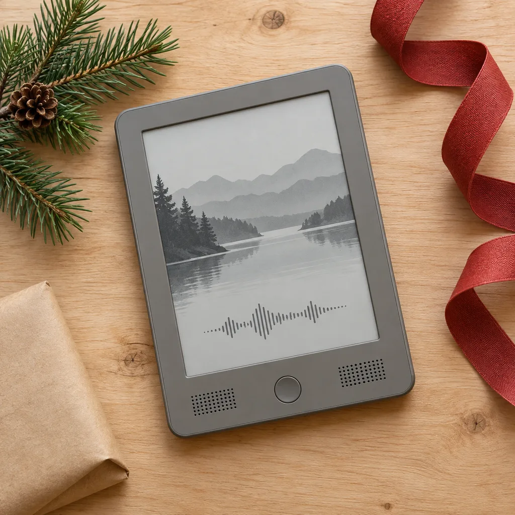 Representative photo-style image of audio-enabled digital reader — generated, not a specific product