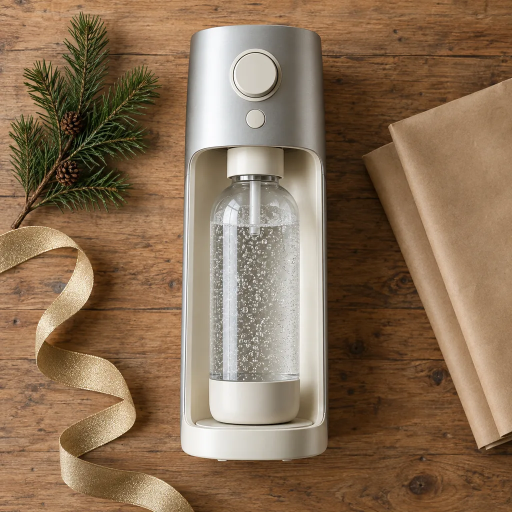 Representative photo-style image of automated sparkling drink machine — generated, not a specific product