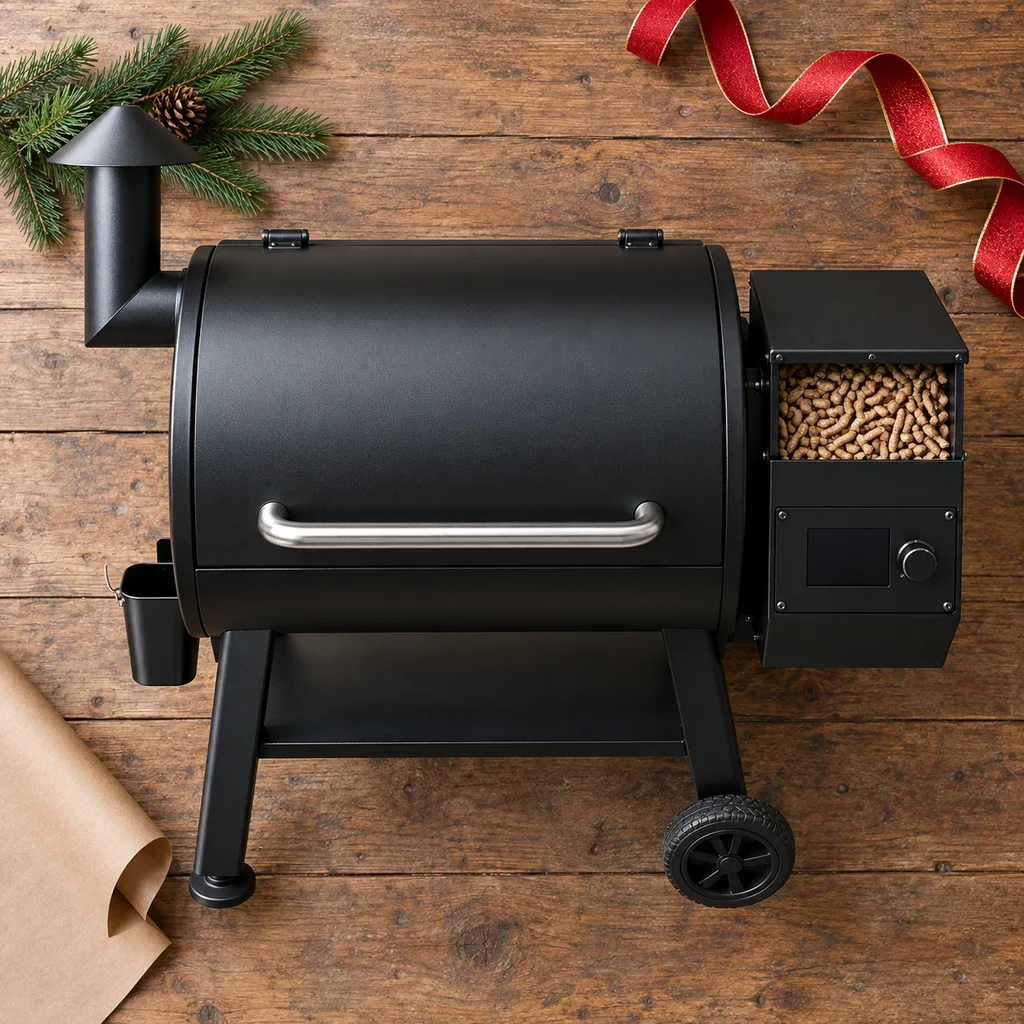 Representative photo-style image of automated wood pellet smoker grill — generated, not a specific product