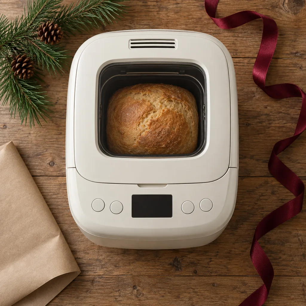 Representative photo-style image of automatic home bread machine — generated, not a specific product