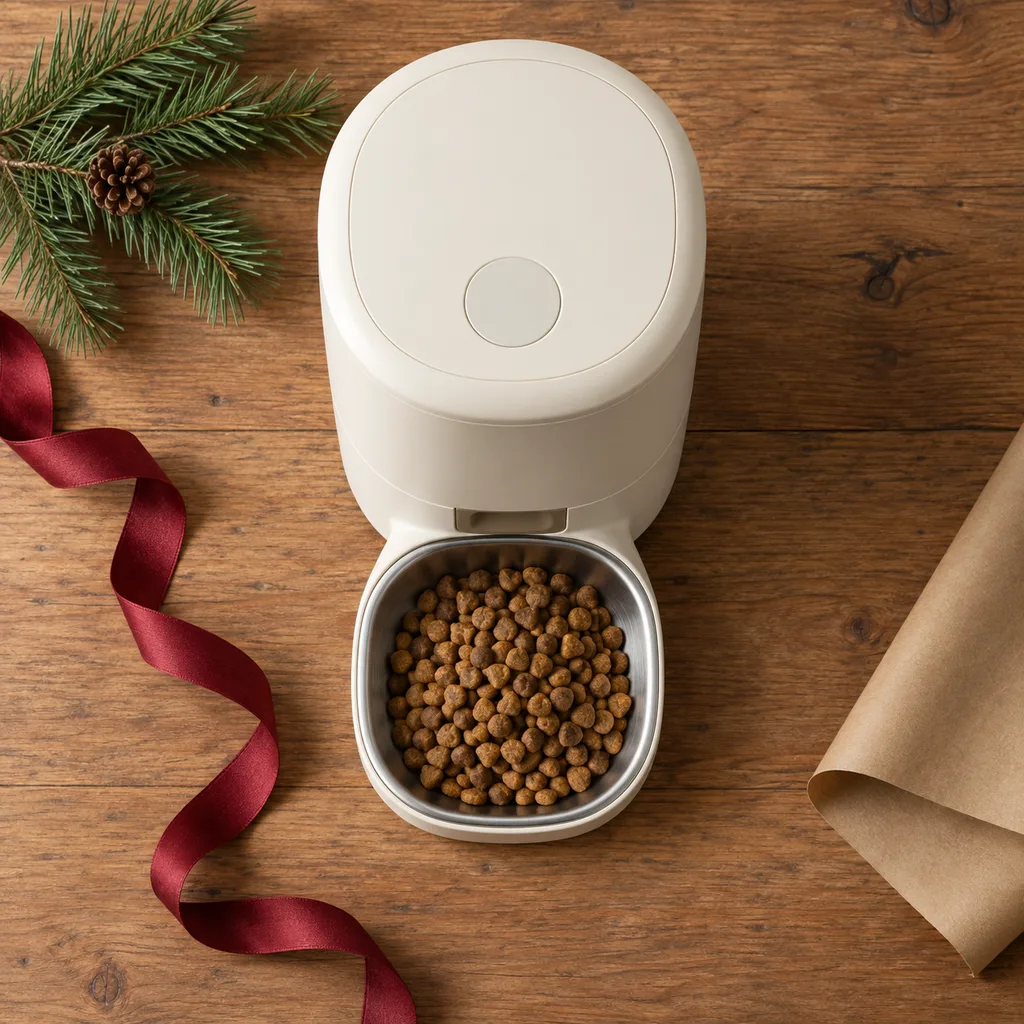 Representative photo-style image of automatic pet feeder — generated, not a specific product